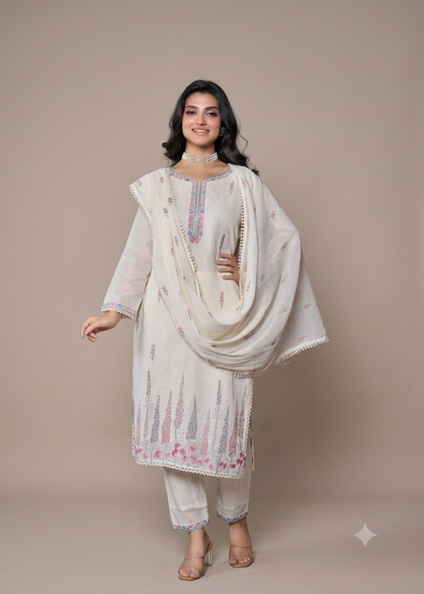 Off-White Embroidered Kurti Set With Dupatta 11647