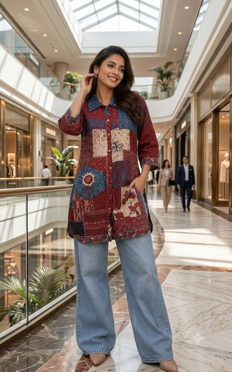 Women's Vintage Patchwork Floral Tunic Shirt - Boho Long Sleeve Button-Up 13121