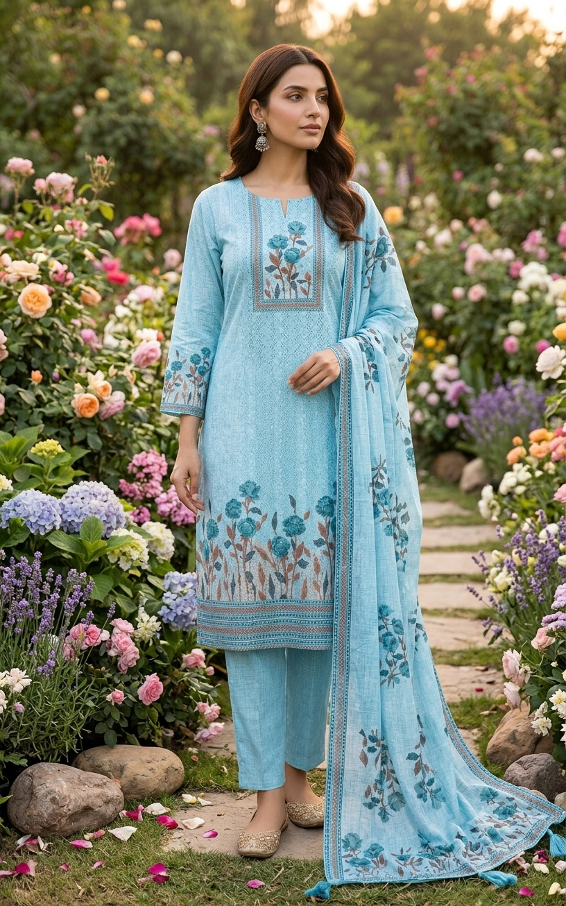 Sky Blue Floral Printed Cotton Salwar Kameez Suit With Matching Dupatta Set 12775