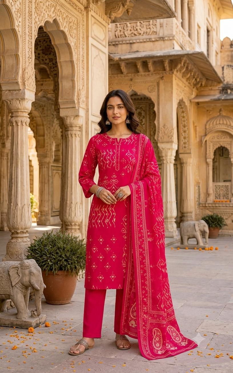 Vibrant Fuchsia Pink Printed Cotton Kurti Set With Matching Dupatta 12241