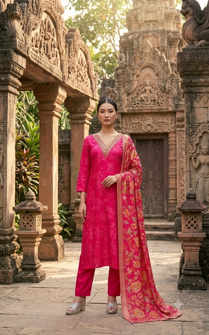 Vibrant Fuchsia Embroidered Cotton Kurti Set With Designer Floral Dupatta 10390