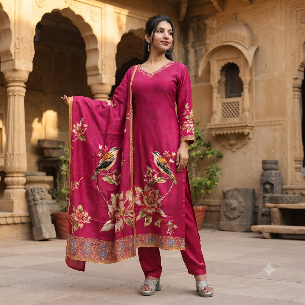 Vibrant Pink Floral Bird Print Kurti Set With Matching Trousers and Dupatta 9739