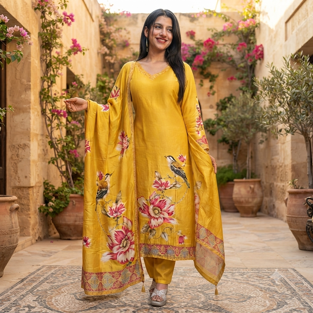 Yellow Floral Bird Print Silk Salwar Suit Set for Women 9739