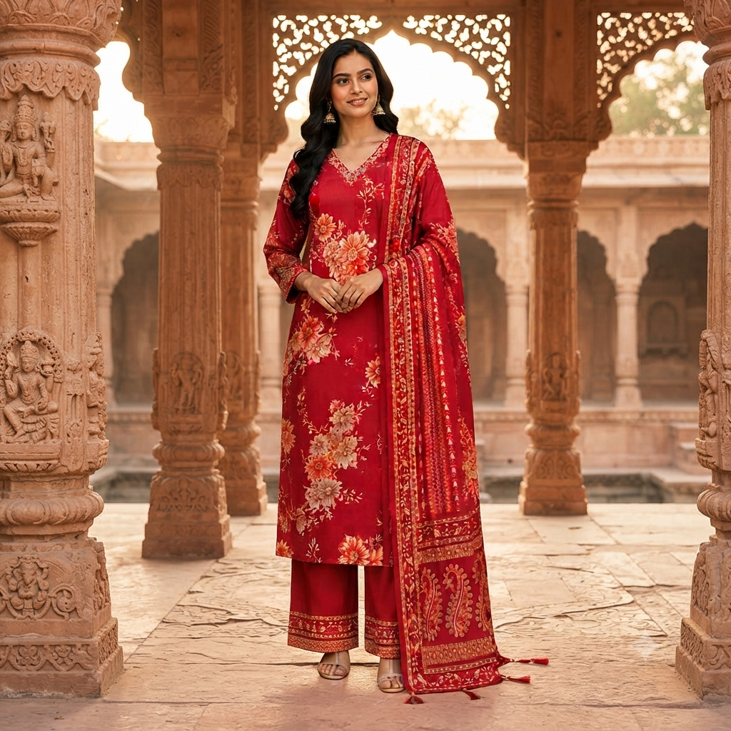 Stunning Red Floral Print Kurti Set With Matching 12203