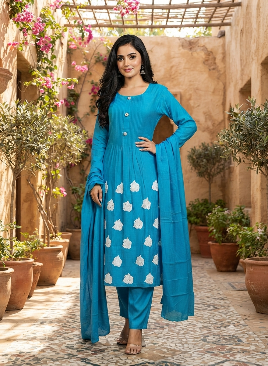 Vibrant Blue Embroidered Cotton Kurti Set With Matching Dupatta 13496