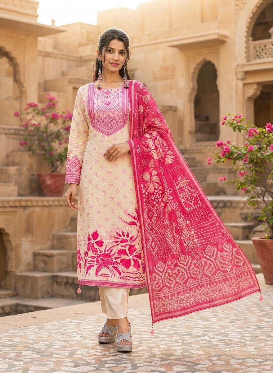 Cream and Vibrant Pink Printed Kurti Set With Matching Dupatta 11736