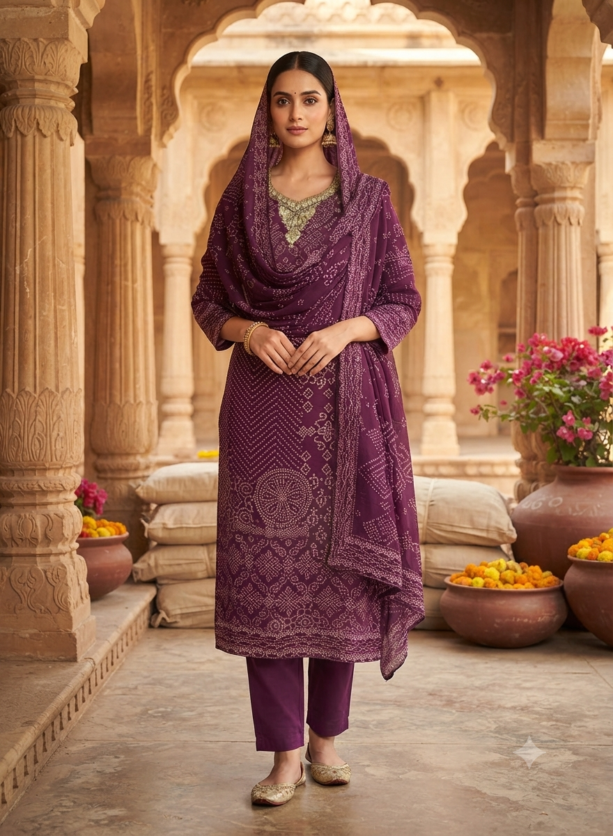 Deep Purple Bandhani Print Kurti Set With Dupatta 502