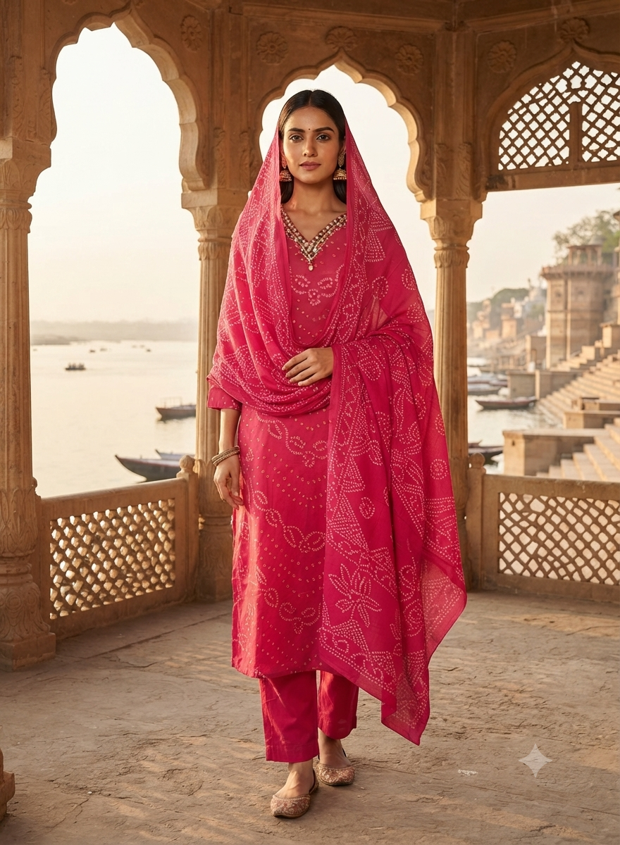 Vibrant Pink Bandhani Print Kurti Set With Dupatta 176