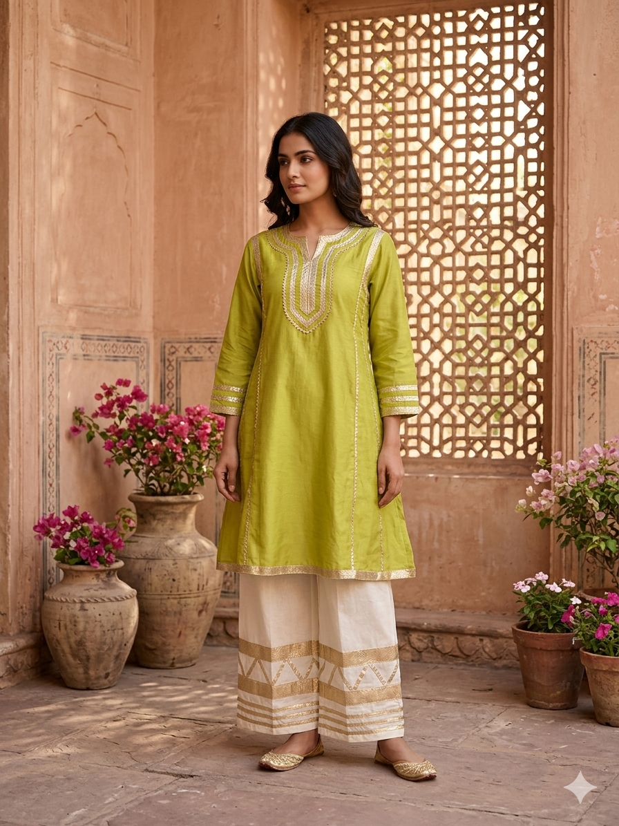 Lime Radiance Gota Patti Cotton Silk Kurta Palazzo Set (2-Piece) 15854