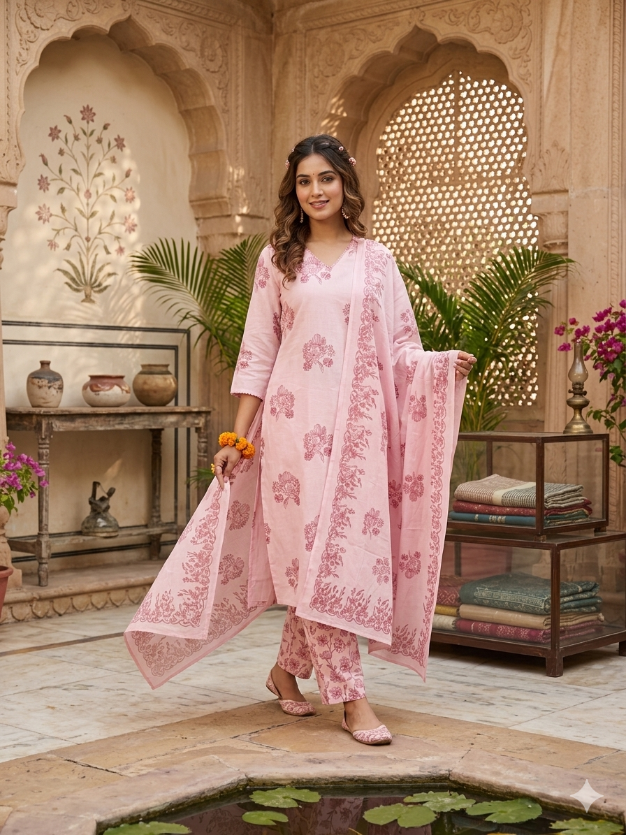 Floral Block Print Kurta Set with Matching Dupatta 12013