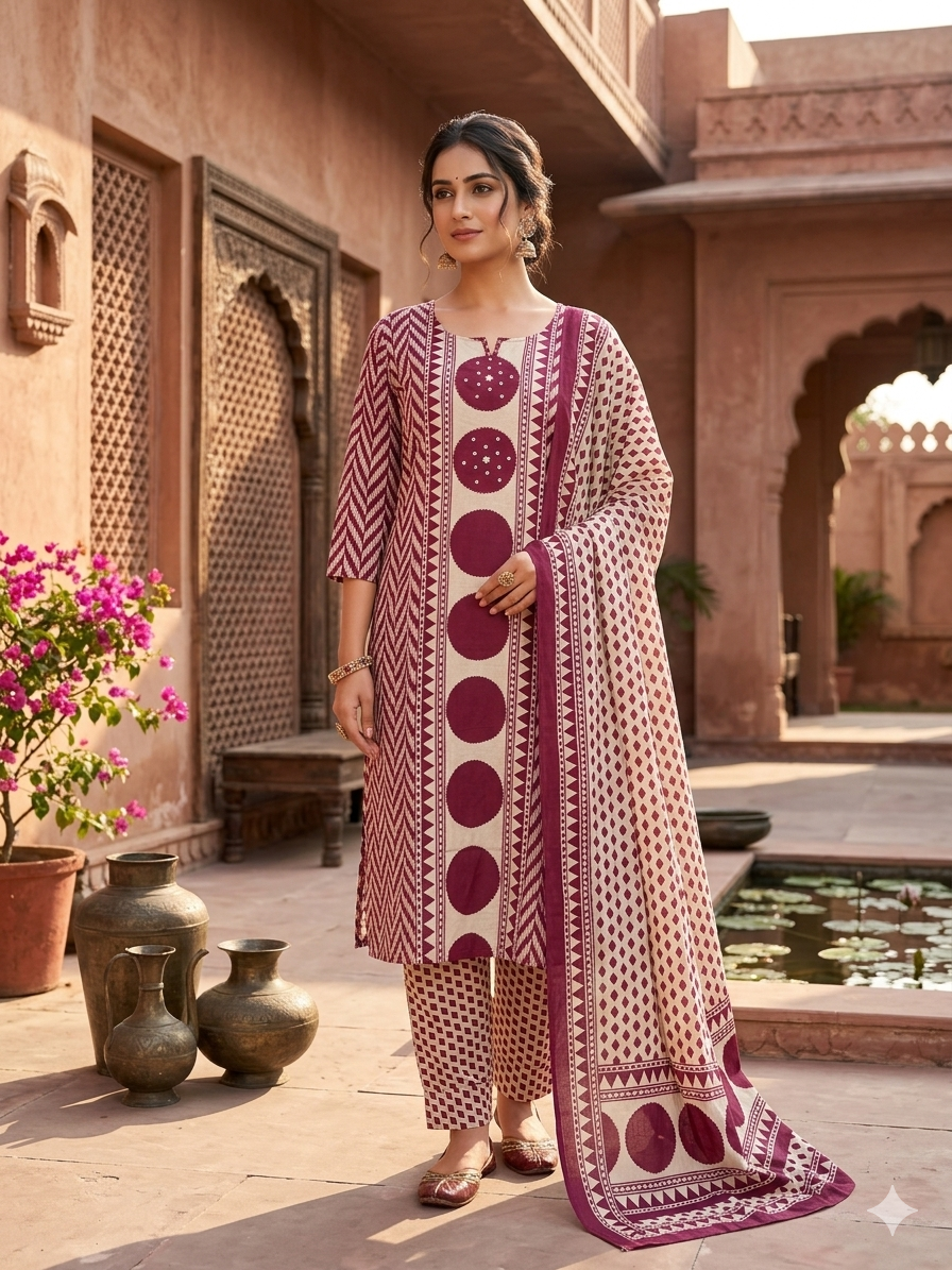 Maroon & Cream Geometric Print Cotton 3-Piece Kurta Set 15641