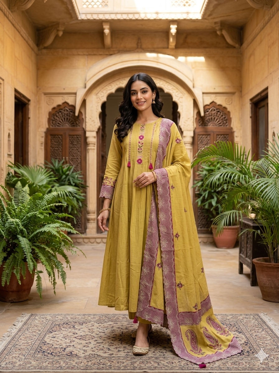 Mustard Yellow Embroidered Anarkali Suit Set with Scalloped Dupatta 77650