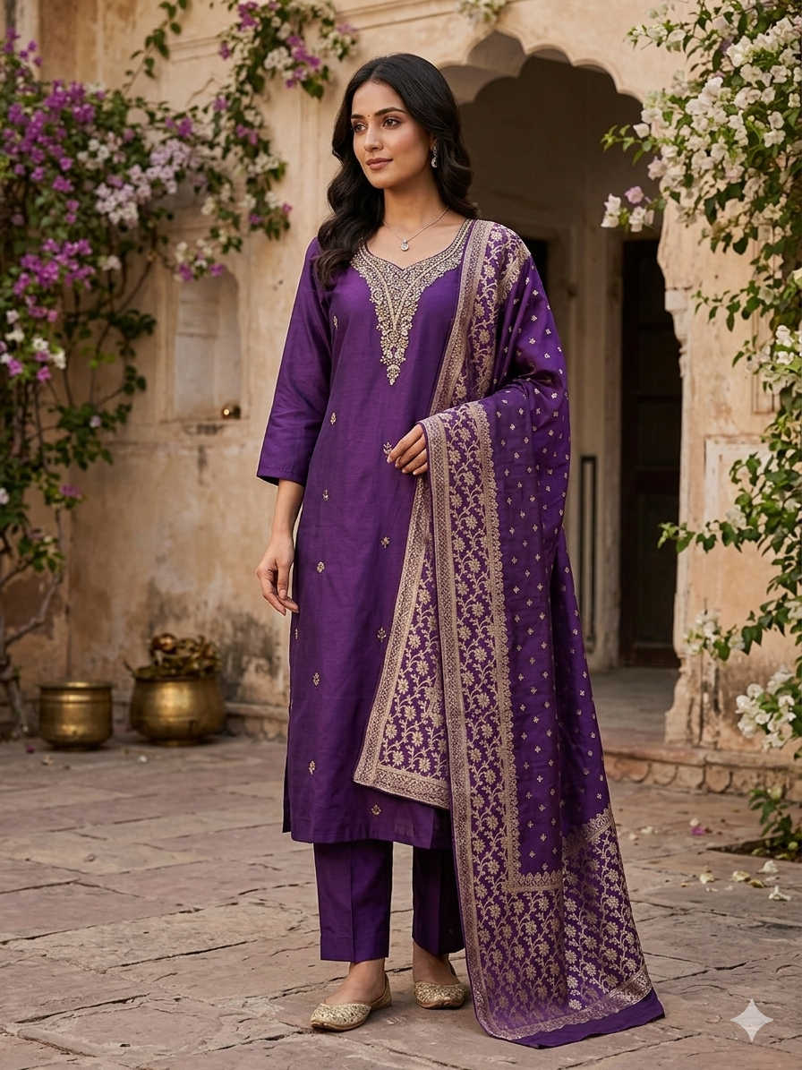 Royal Purple Chanderi Silk Kurta Set with Zari Woven Dupatta 13393