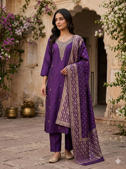 Royal Purple Chanderi Silk Kurta Set with Zari Woven Dupatta 13393