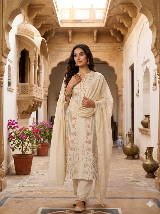 Beige Slub Cotton Suit With Dupatta 7336