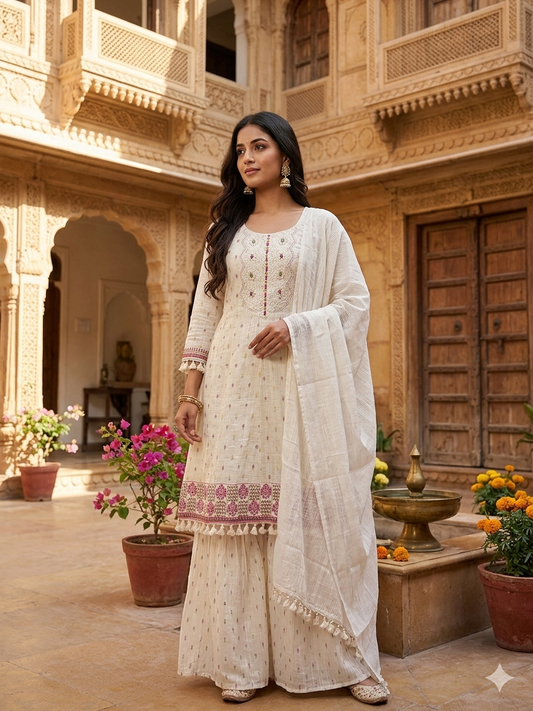Off-White Embroidered Cotton Sharara Set with Dupatta and Tassel Details 16166