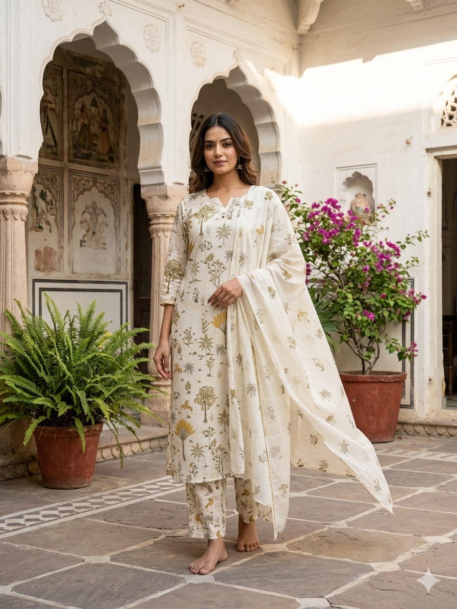 Elegant Tropical Block-Print Kurta Set with Dupatta 79120