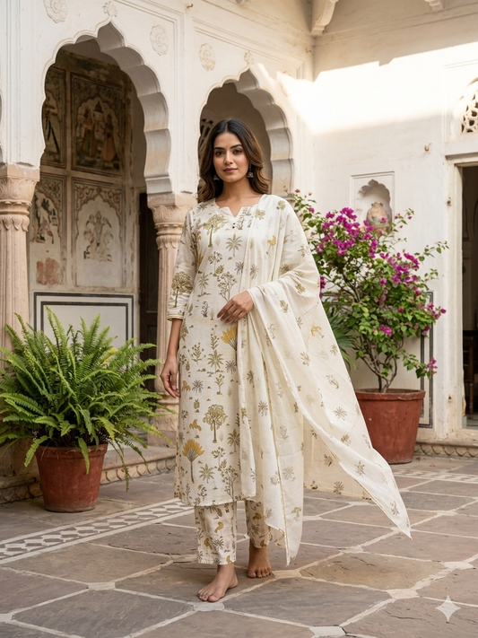 Elegant Tropical Block-Print Kurta Set with Dupatta 79120