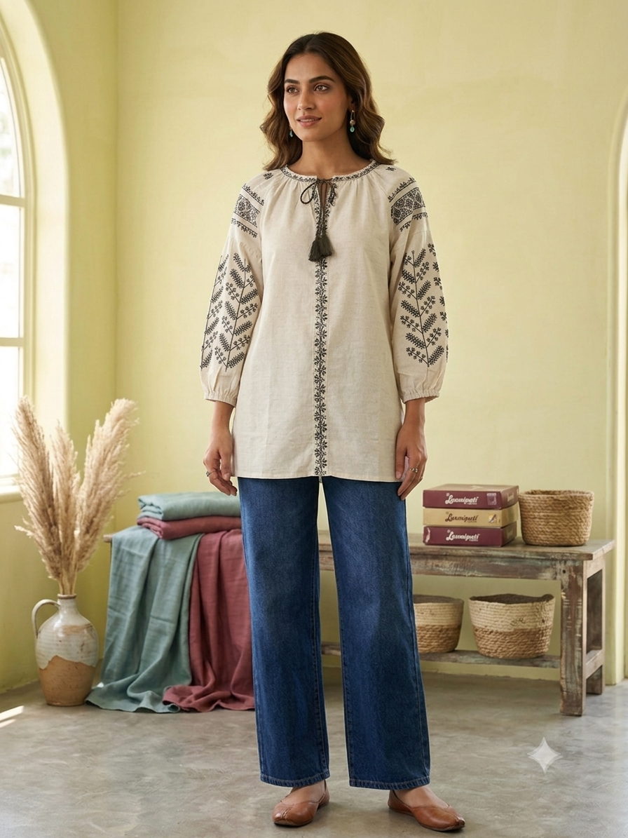 Off-White Linen Boho Short Kurti with Black Cross-Stitch Embroidery 49104
