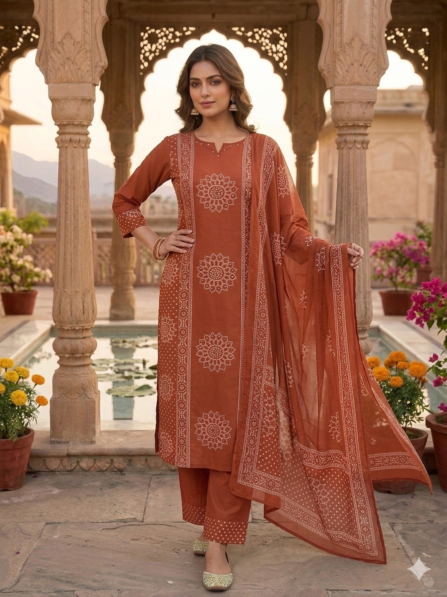 Rust Floral Bandhani Print Kurta Set with Dupatta 96907