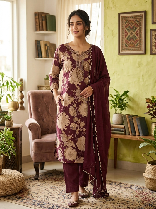 Wine Floral Printed Kurta Set with Dupatta 59135