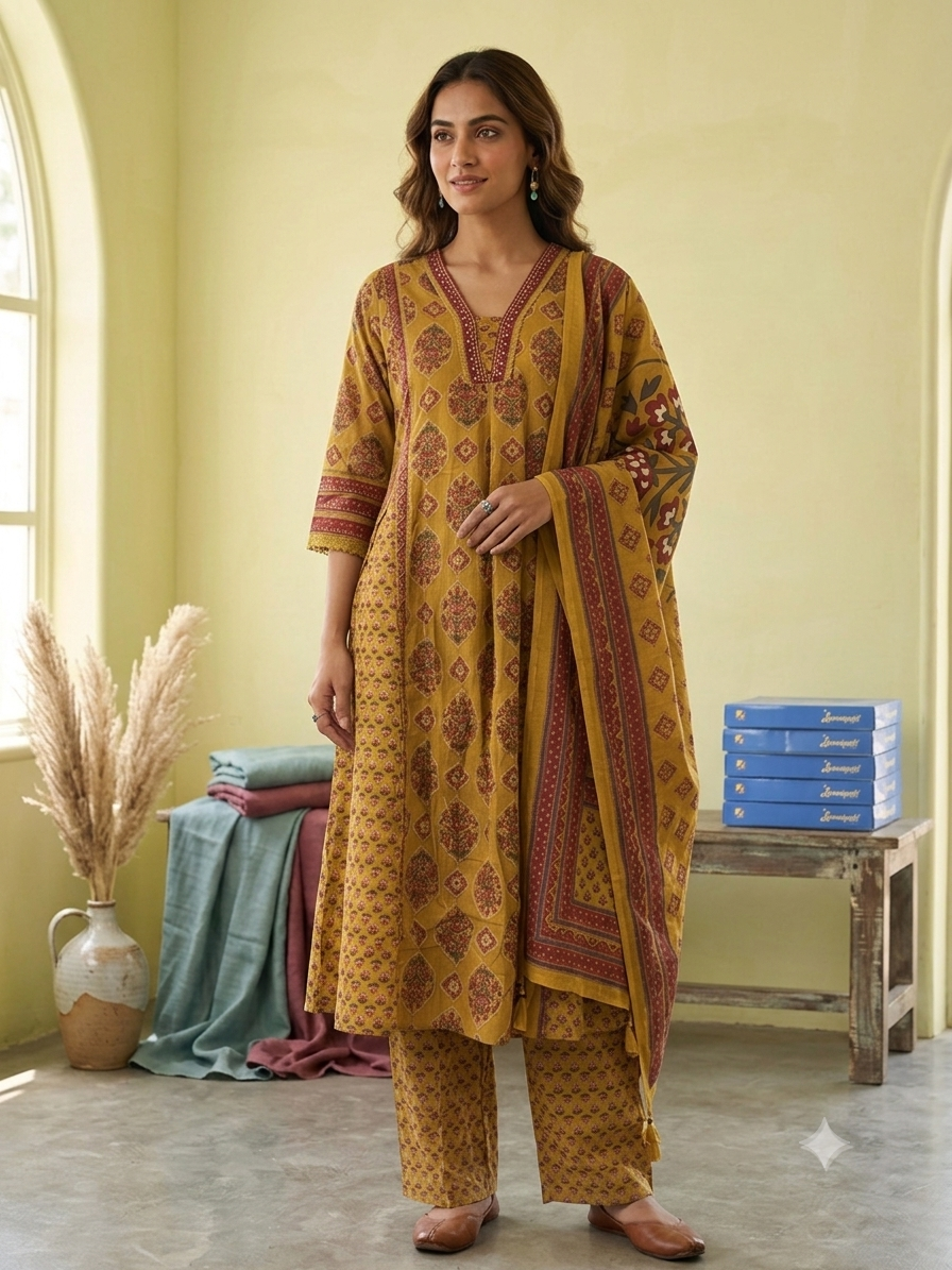 Mustard Yellow Cotton Anarkali Suit Set with Dupatta 96444