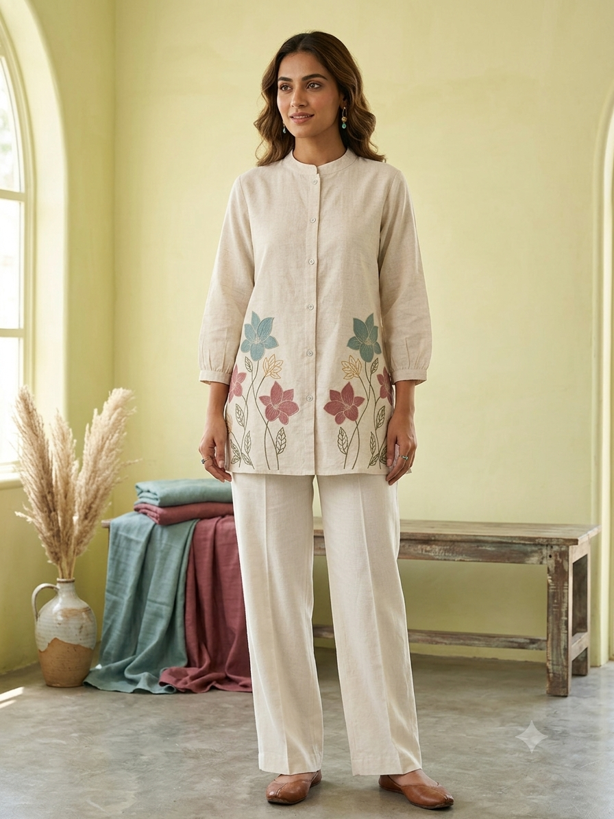 Beige Linen Short Kurti with Floral Embroidery | Elegant Ethnic Tunic Top 49060
