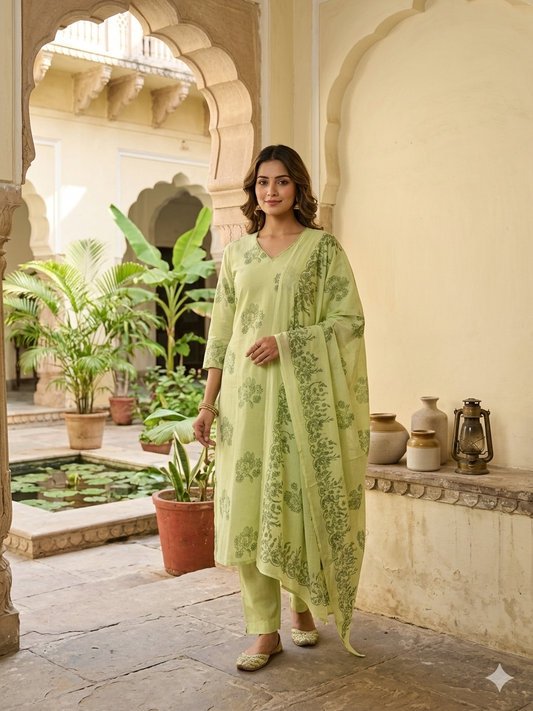 Floral Block Print Kurta Set with Matching Dupatta 12013