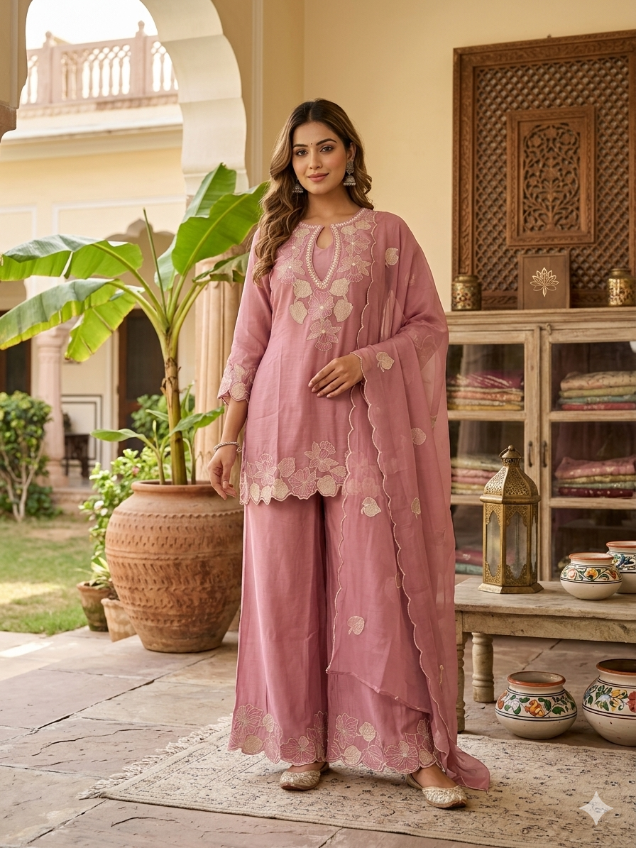 Mauve Organza Embroidered Kurta Set with Wide-Leg Palazzo & Dupatta 77667