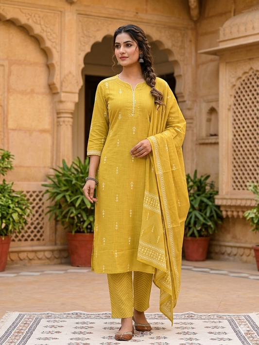 Mustard Yellow Cotton Slub Kurta Set with Dupatta – 3-Piece Festive Salwar Suit