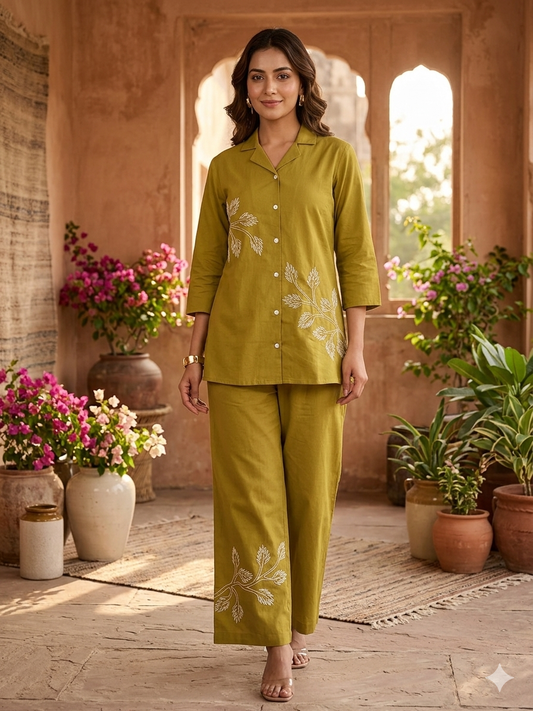 Mustard Coloured Embroidered Cotton Co-Ord Set (2-Piece) 16111