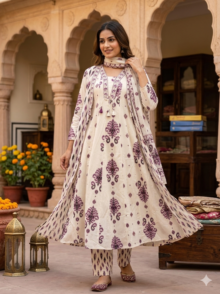 Ivory & Plum Printed Anarkali Kurta Set with Ikat Trousers 14152