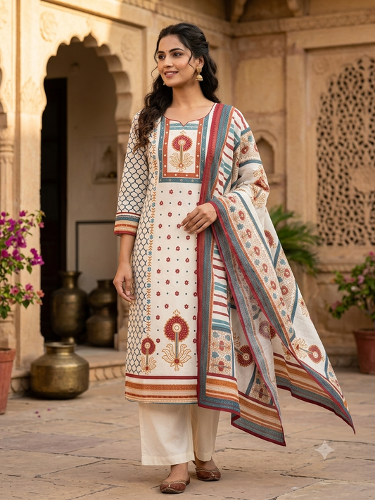 Arthouse Block Print Cotton Suit With Dupatta 96719