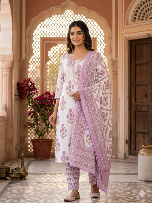 Lilac Bloom Floral Block Print Cotton 3-Piece Kurta Set 15568