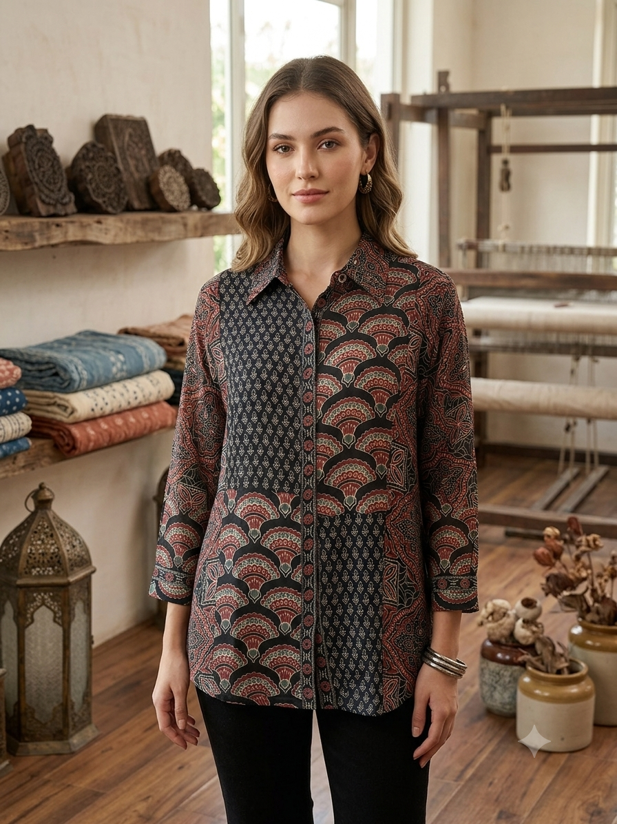 Hand-Block Printed Ajrakh Patchwork Collared Shirt for Women