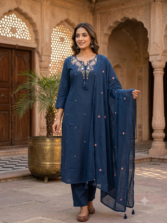 Navy Blue Cotton Kurta Set with Mirror Work Embroidery and Dupatta 110378