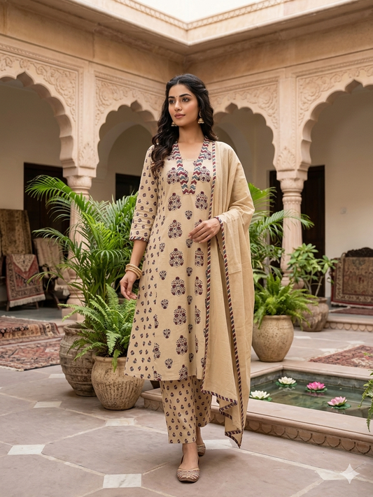 Beige Block-Printed Cotton A-Line Kurta Set with Dupatta 68234