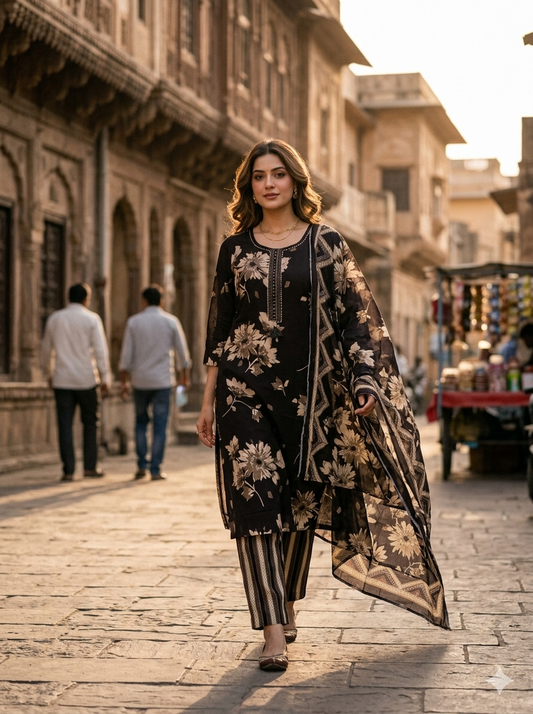 Elegant Black Embroidered Cotton Floral Kurta with Dupatta 102268