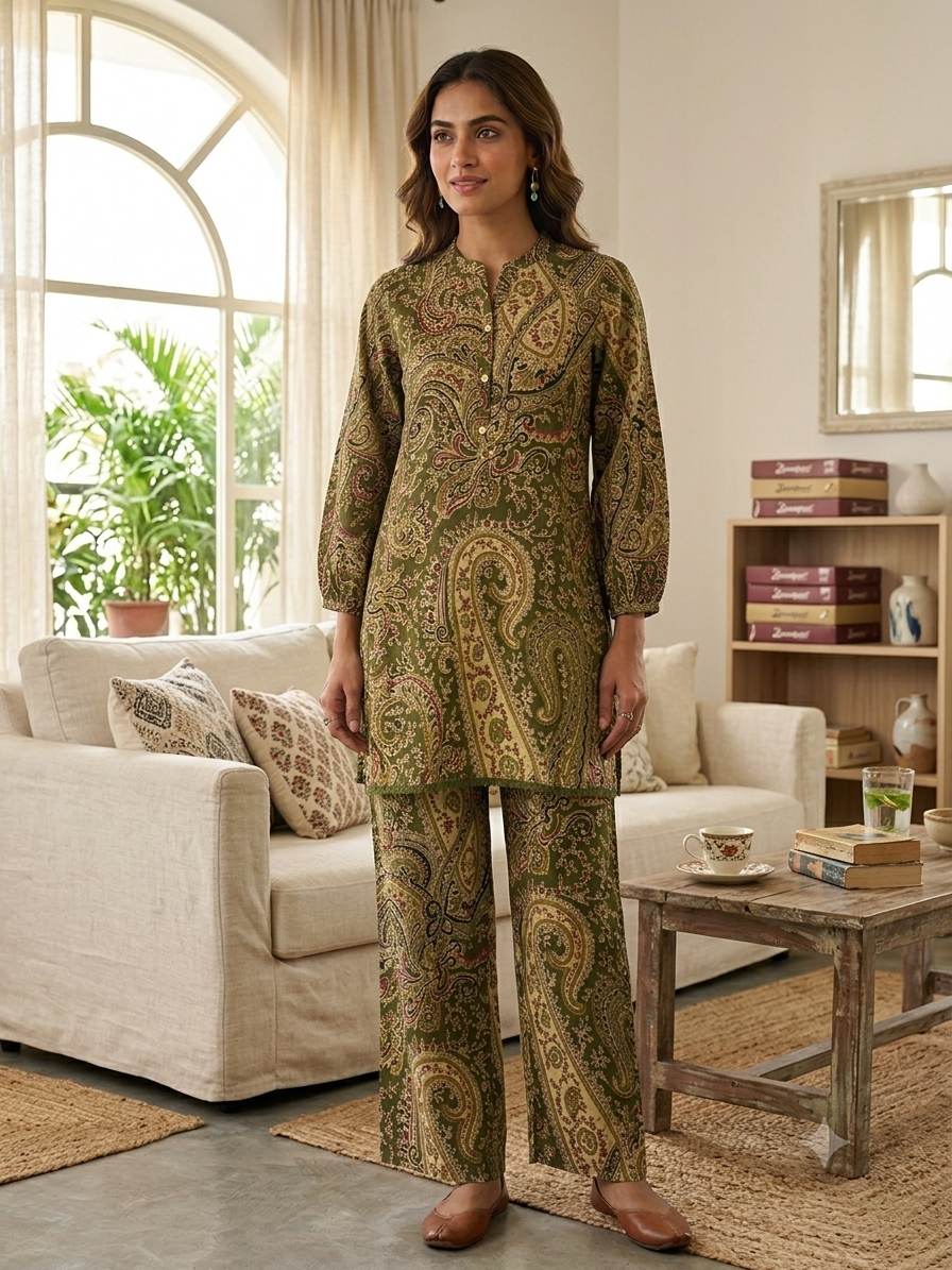 Green Paisley Printed Pure Cotton Co-ord Set 98665
