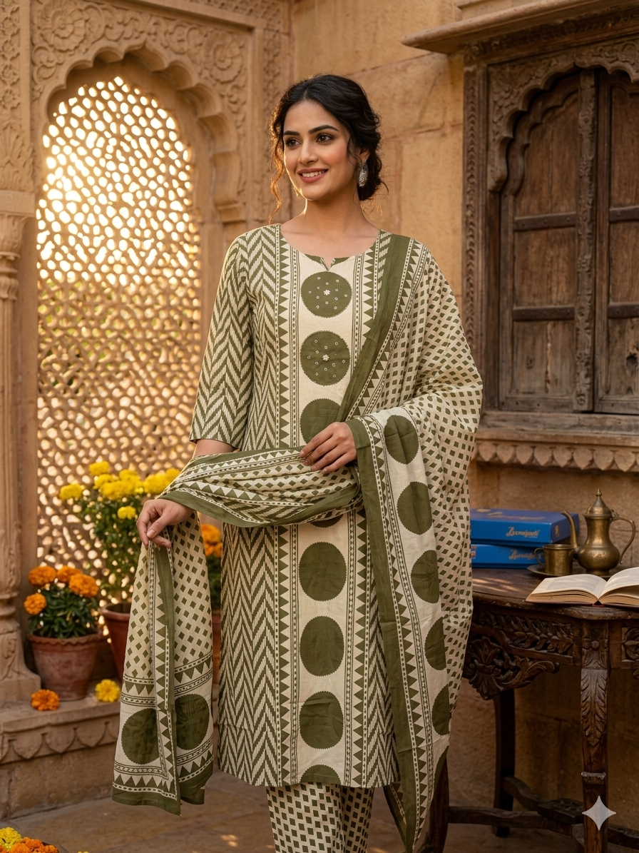 Geometric Print Cotton 3-Piece Kurta Set with Dupatta 15641
