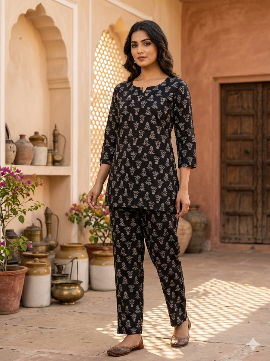 Midnight Black Cotton Printed Co-Ord Set | Kurti & Trousers Loungewear 15478