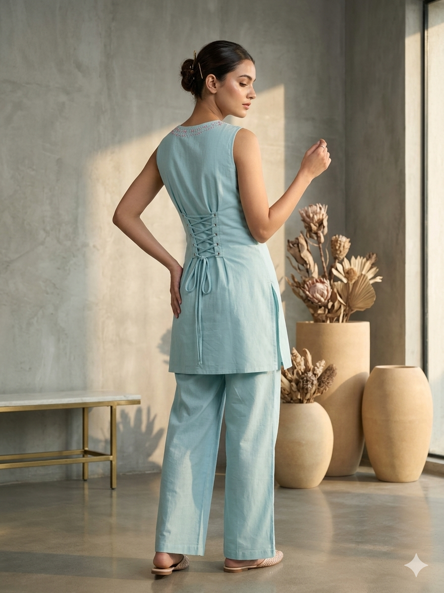 Powder Blue Co Ord Set with Corset Back 6112