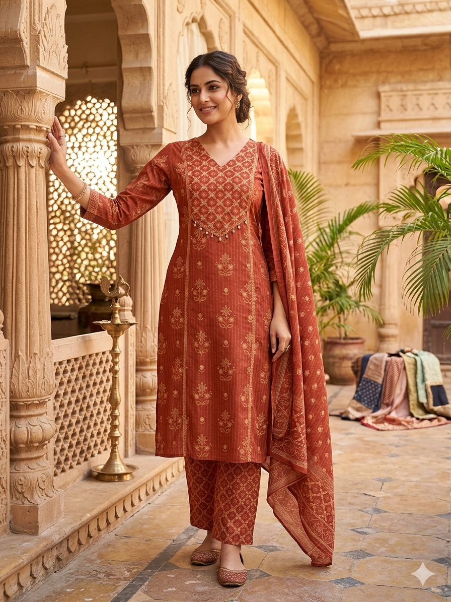 Rust-Orange Printed Kurta Set with Dupatta 15325