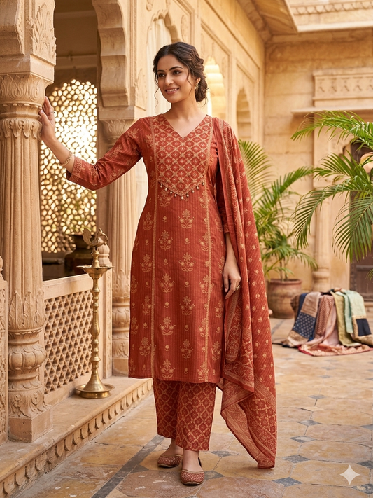 Rust-Orange Printed Kurta Set with Dupatta 15325