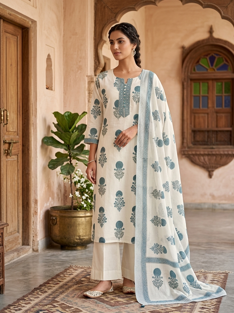 Off-White & Teal Blue Block Print Cotton Suit Set with Palazzo Trousers and Dupatta 96920