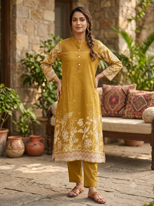 Mustard Yellow Pin-Tuck Printed Suit Set 98751