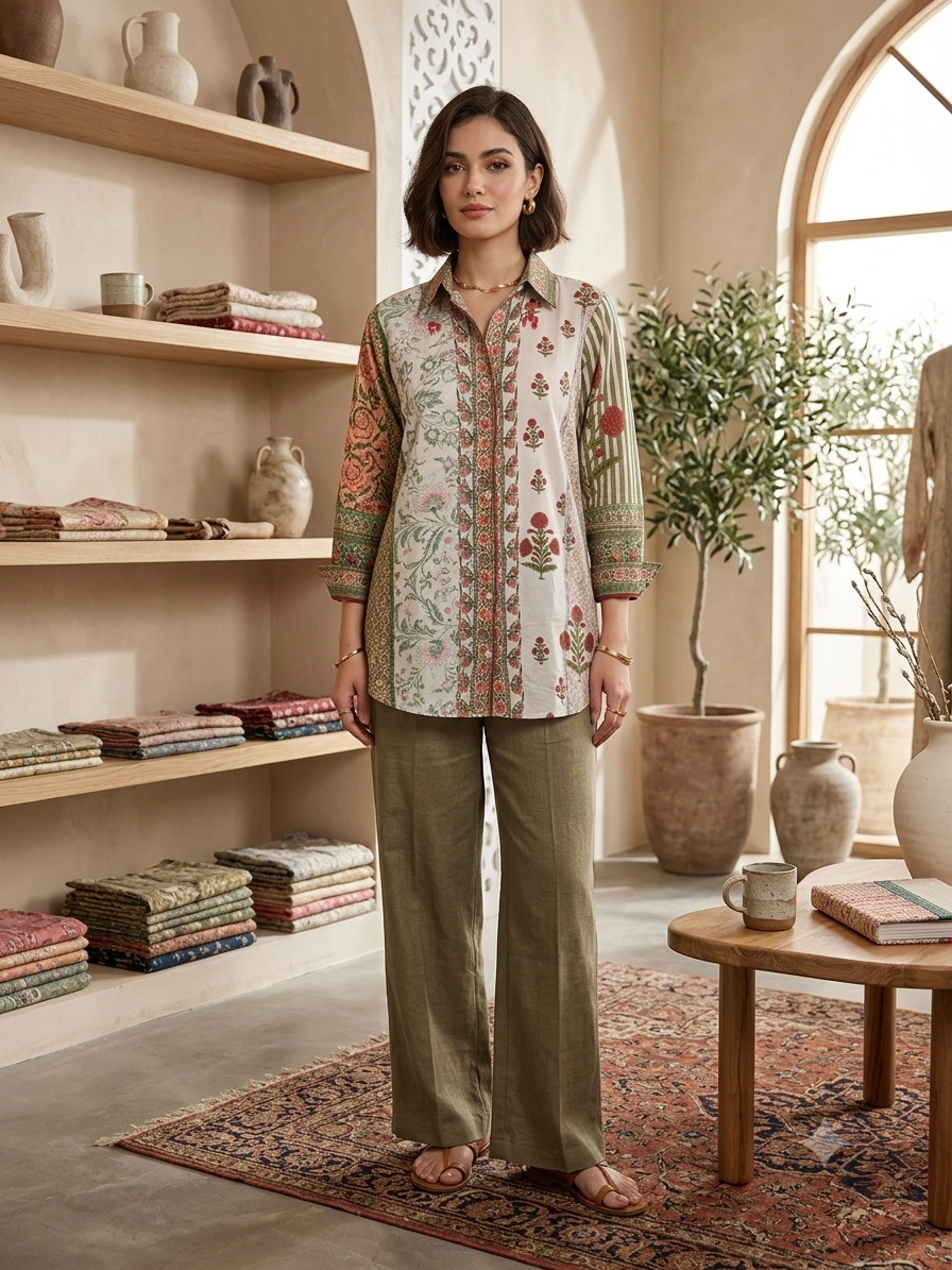 Boho Floral Block-Print Button-Down Tunic Shirt with Patchwork Motifs 7523