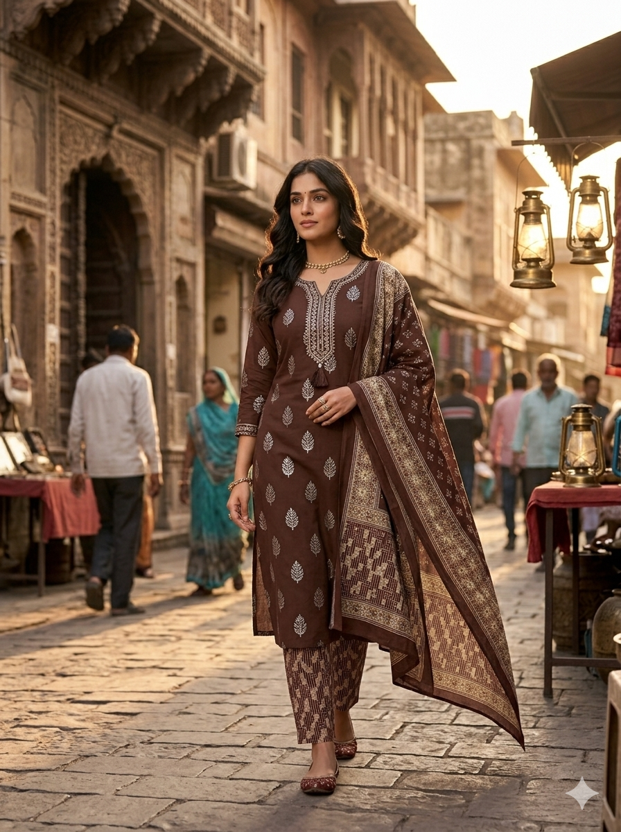 Elegant Brown Floral Cotton Kurta with Dupatta 102255