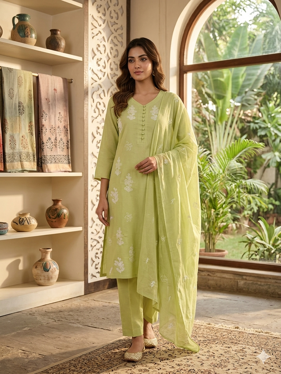 Serene Olive Green Embroidered Kurta Set with Dupatta & Button Details 12640