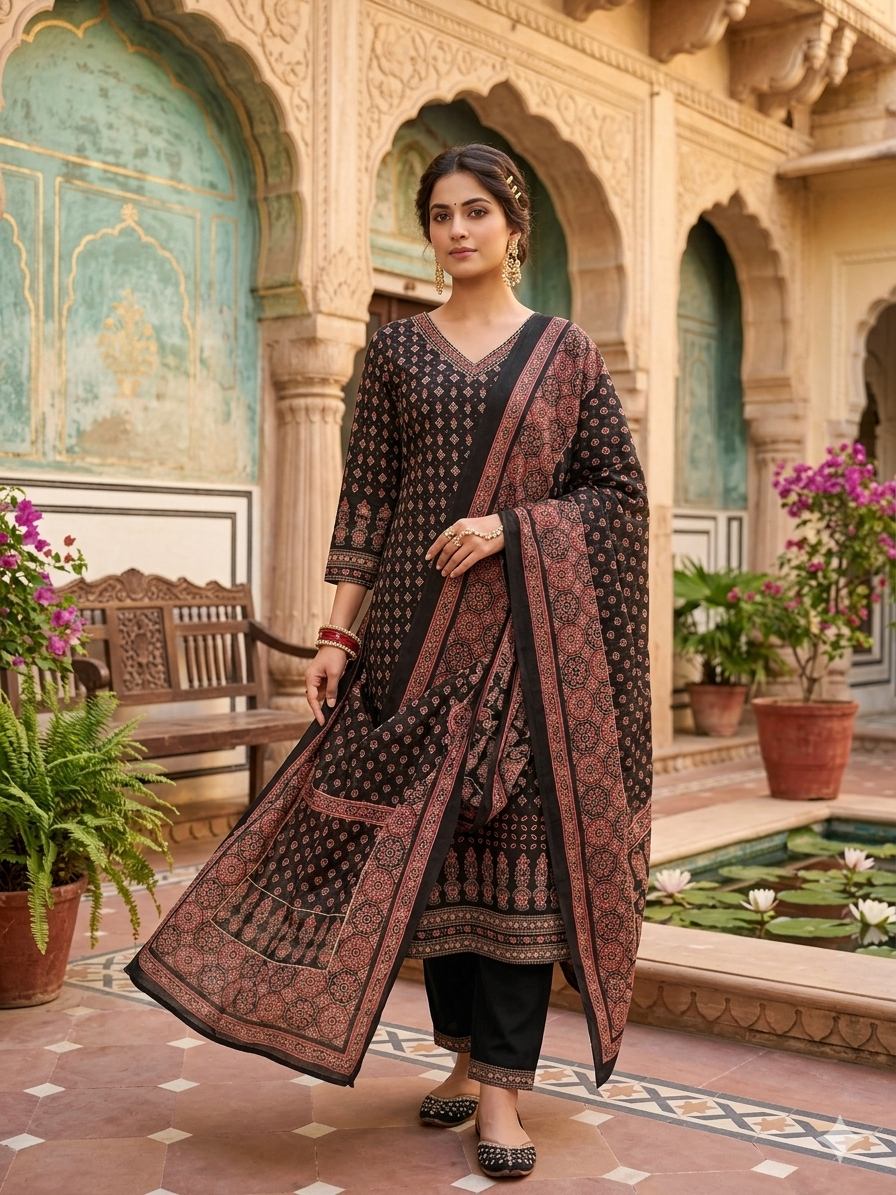 Charcoal Black Ajrakh Print Pure Cotton Kurta Set with Dupatta 9766